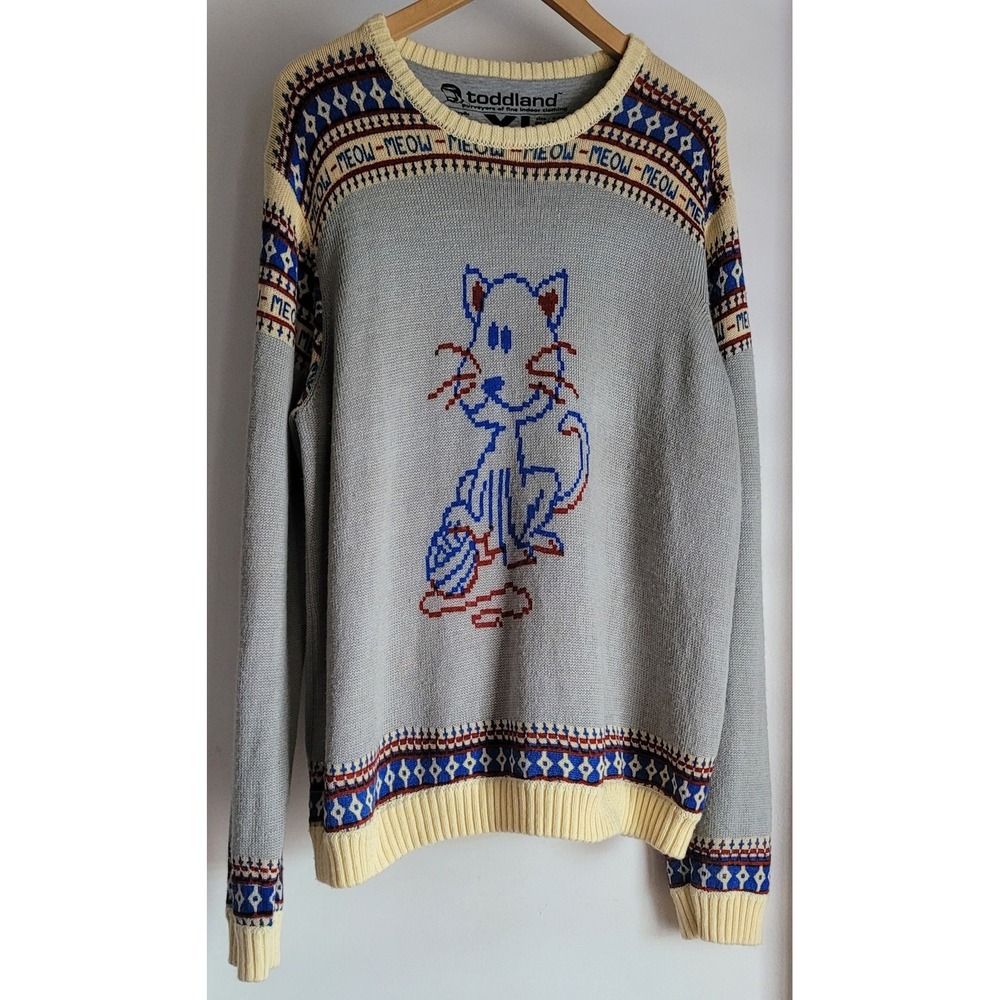 Toddland "Meow Meow" Sweater XL Pullover Gray Cat Feline Pattern